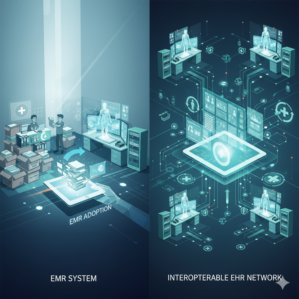 Abstract illustration showing clinic EMR vs interoperable EHR