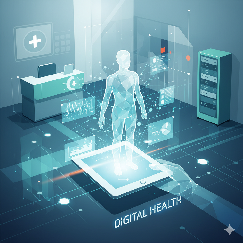 Abstract illustration of a clinic using digital records on a tablet