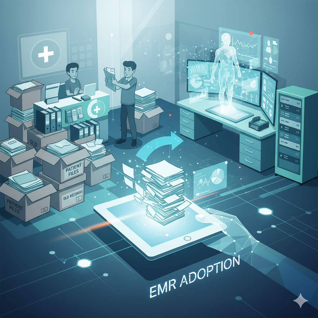 Illustration of a clinic transitioning from paper records to digital EMR
